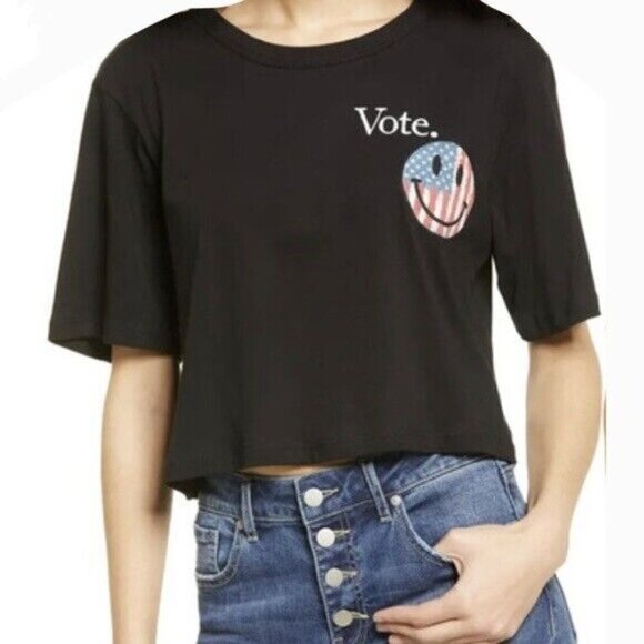 La La Land Creative Co Womens Medium Vote Tshirt Crop Top Happy Face Black 2430 - Picture 2 of 8